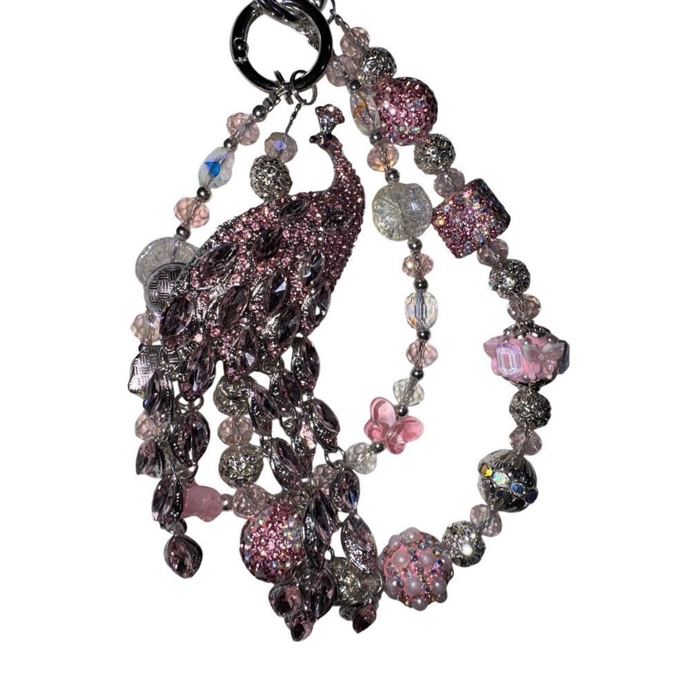 K9 Crystal and Glass Acrylic Bead Keychain Pheasant Peacock PinkWhite Handmade